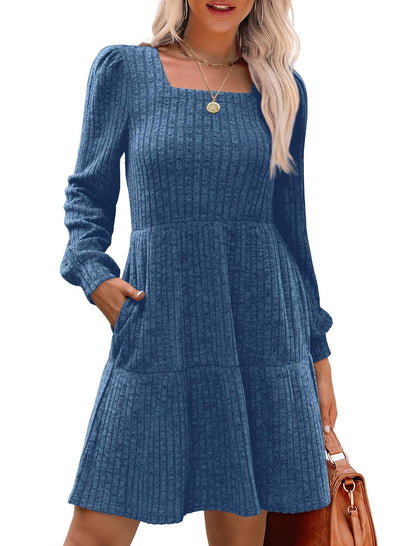 🔥Womens Square Neck Long Sleeve Fall Dresses Casual Babydoll Sweater Dress