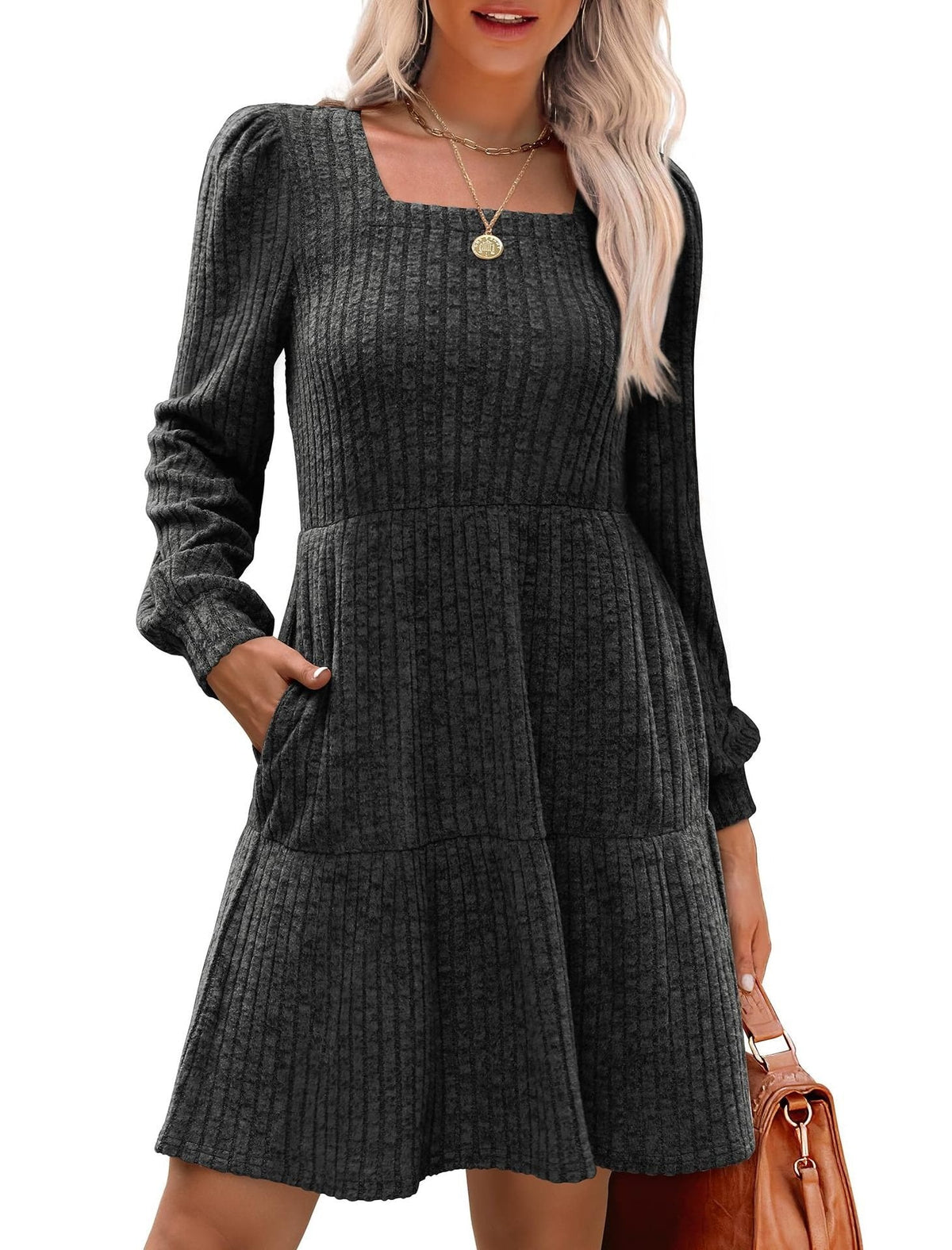 🔥Womens Square Neck Long Sleeve Fall Dresses Casual Babydoll Sweater Dress
